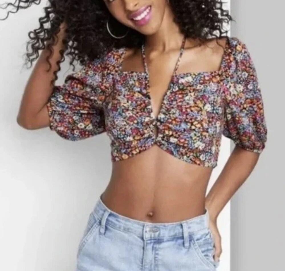 Wild Fable Balloon Sleeve Cropped Top – Size Small – Floral Print